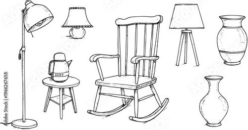 Hand-drawn sketch set of household items: floor lamp, table lamp, rocking chair, side table with thermos, and two vases.
