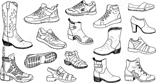 Assorted Footwear Collection: Hand-Drawn Sketch of Boots, Sneakers, Sandals, and Heels