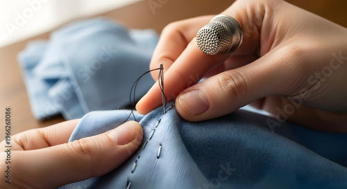 Close up of a person stitching light blue textile material manually