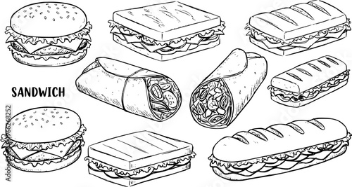 Hand-drawn line art collection of various sandwiches: burgers, wraps, submarine, panini, and classic square sandwiches. Black and white outline sketch.