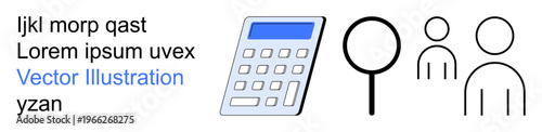 Financial management, teamwork, data analysis, collaboration, business planning, auditing. A calculator, magnifying glass and people icons in a minimalist style. Financial management and teamwork