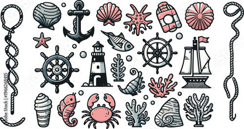 Nautical Calm Ocean Coastal Doodle Elements, Illustration Cartoon Collection