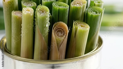 Rolled Green Leaves in Metal Container.