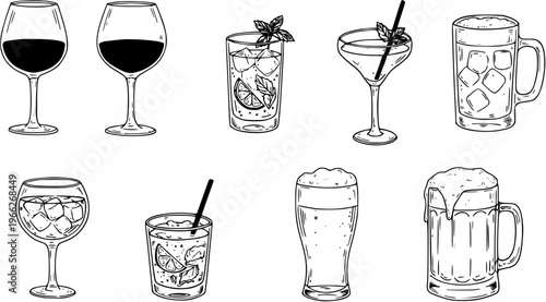 Hand-drawn vector line art illustration set of various alcoholic and non-alcoholic drinks: wine glasses, cocktails, beer mugs, and glasses, on a white background.