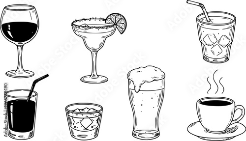 Set of hand-drawn outline vector illustrations featuring various popular beverages: wine, margarita, beer, coffee, juice, and soft drinks in different glasses.
