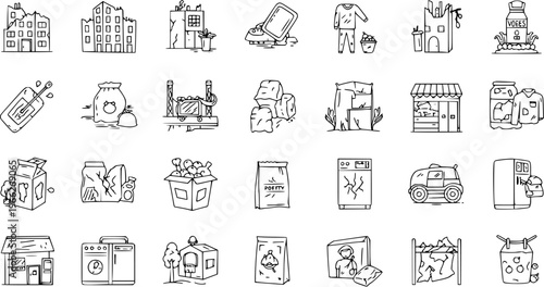 Hand-drawn doodle icons representing waste management, recycling, demolition, damaged buildings, old appliances, and discarded items, isolated set.