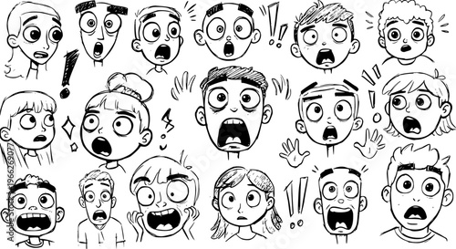 Hand-drawn collection of shocked and surprised cartoon faces with expressive wide-eyed and open-mouthed reactions, depicting fear, wonder, or sudden realization.