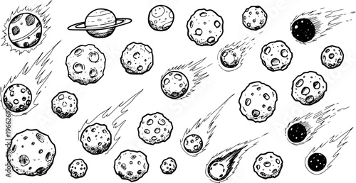 Hand-Drawn Celestial Bodies: Planets, Asteroids, and Comets Sketch Set