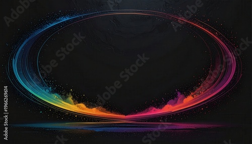 暗い背景に浮かび上がる鮮やかな虹色の光の輪が幻想的な雰囲気を醸し出す抽象的なバックグラウンド素材。キラキラとした粒子が舞い、床面への反射が美しく、透明感のあるグラデーションが未来的なデザインを演出する高品質な画像。