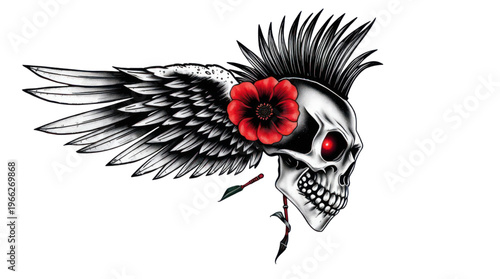Skull Illustration with White Wing Mohawk Red Poppy and Glowing Eye on a Transparent Background