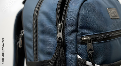 Macro shot of high quality metal zippers and zippers pulls on a navy blue fabric bag