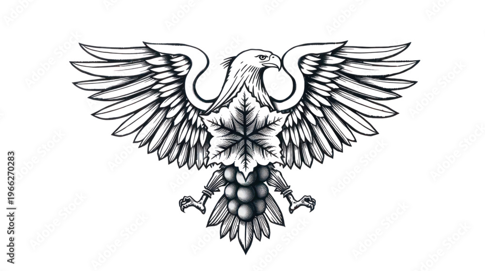 Fototapeta premium Eagle Dark Stylized Heraldic Emblem with Snowflake and Grape Cluster Artwork