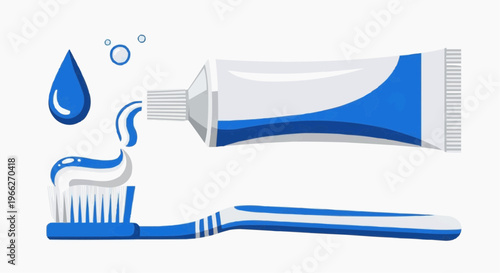 A vector graphic illustration of a toothbrush and toothpaste tube with toothpaste being squeezed out