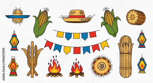 A colorful vector graphic illustration of festive Mexican themed icons and symbols