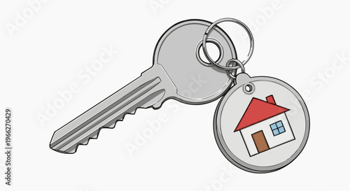 A vector graphic illustration of a house key with a house shaped keychain