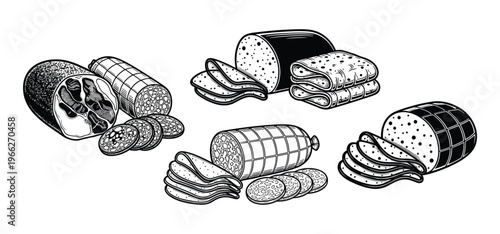 Salami and meat products set vector engraving illustration of sausage varieties.