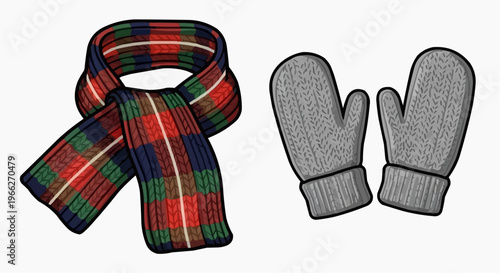 A colorful illustration of a plaid scarf and gray mittens on a white background
