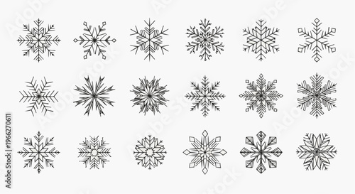A set of black and white snowflakes in a minimalist line art style