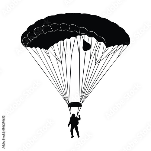 Skydiver with opened parachute vector silhouette illustration, sport and recreation extreme.