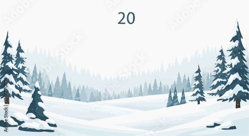 A minimalist winter landscape illustration with snow-covered pine trees
