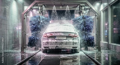 Car in automatic car wash with foam and rotating brushes