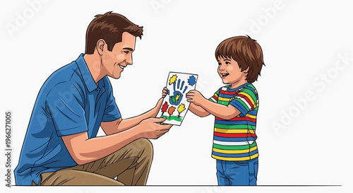 A vector illustration of a smiling man and a boy holding a colorful handprint artwork