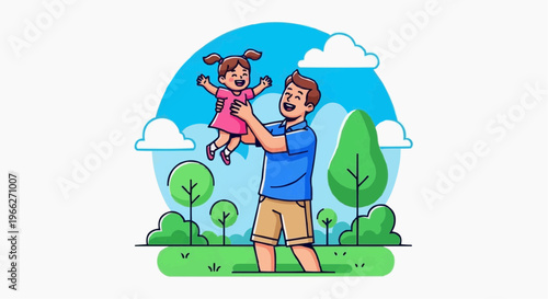 A cartoon illustration of a happy father lifting his little girl in the air in a park