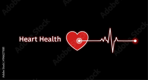 A vector graphic illustration of a heart health symbol with a red heart and ECG line on a black background