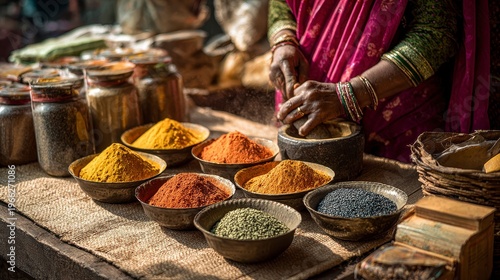 Close-up of a person grinding spices, surrounded by colorful powders in bowls and jars, revealing a vibrant market scene