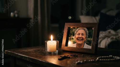 Memorial Candle Beside Framed Portrait of Elderly Woman at Home