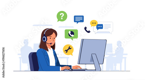 Female Customer Service Agent with Headset at Computer, Call Center Support Flat Vector Illustration