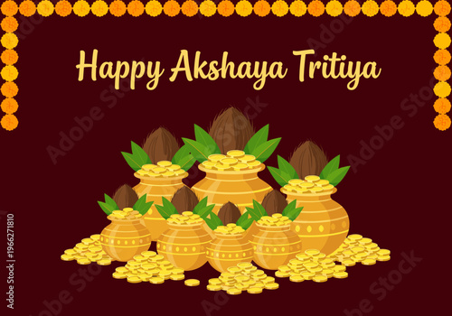 Abundance Symbolized: Golden Pots with Coins and Coconuts for Festivity Background