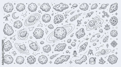 A comprehensive collection of hand-drawn illustrations depicting various celestial bodies, spacecraft, and astronomical instruments in a whimsical space theme.