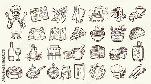 A charming collection of hand-drawn icons representing travel, food, and culinary experiences, perfect for various design projects.