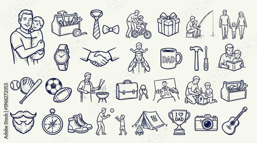 A collection of hand-drawn icons representing fatherhood, hobbies, and family activities, perfect for Father's Day or general dad-themed designs.