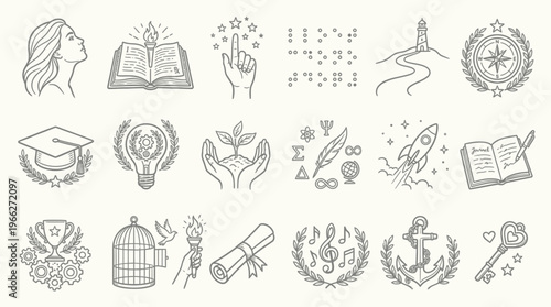 Collection of educational and inspirational icons representing knowledge, growth, achievement, and exploration.