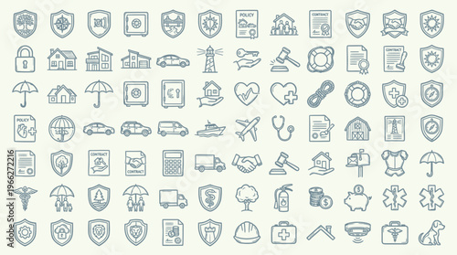 A comprehensive collection of insurance and protection-related icons, featuring symbols for security, safety, health, and financial well-being.