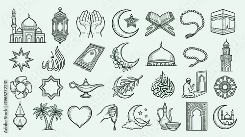A collection of Islamic symbols and cultural elements, including mosques, calligraphy, prayer items, and decorative motifs.