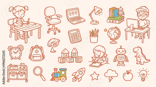 A charming collection of hand-drawn illustrations depicting various school and learning-related items, children engaged in activities, and playful elements.