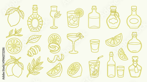 A collection of line art illustrations featuring various alcoholic beverages, cocktail glasses, citrus fruits, and garnishes, presented in a golden yellow outline on a pale background.