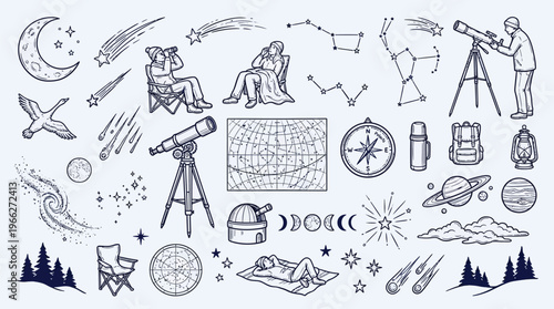 A collection of hand-drawn illustrations depicting various aspects of stargazing and astronomy, including telescopes, constellations, celestial bodies, and camping gear.