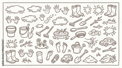 A collection of hand-drawn doodle illustrations depicting various outdoor activities and elements, including mud puddles, gardening tools, footprints, and children's play items.
