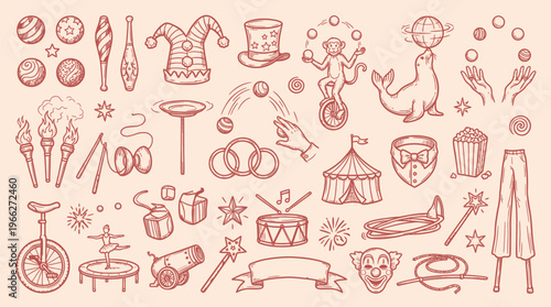 A whimsical collection of hand-drawn circus elements, including performers, animals, and props, rendered in a vintage sketch style.