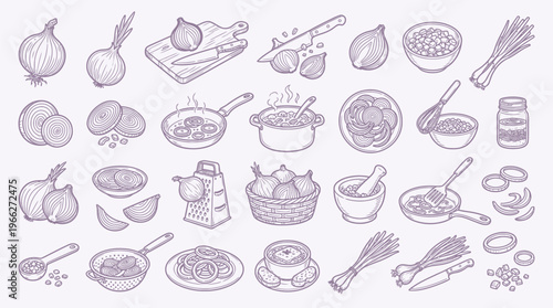 A comprehensive collection of hand-drawn illustrations depicting various stages of onion preparation and cooking, showcasing whole onions, chopped pieces, cooking vessels, and serving dishes.