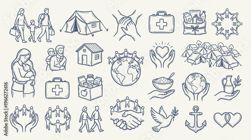 A collection of hand-drawn icons representing humanitarian aid, family, community, and global support.