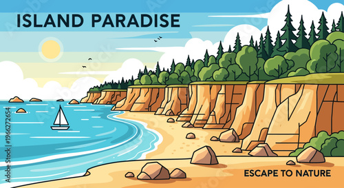 A serene island paradise with a sandy beach.