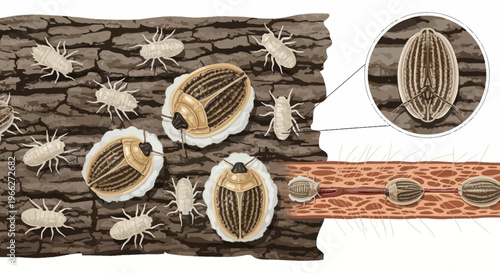 Life cycle of a wood boring insect on tree bark.