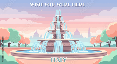 a cartoon fountain in a park with a city skyline and trees in the background.