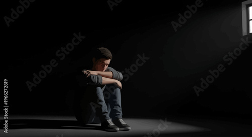 A young man sits alone in darkness.