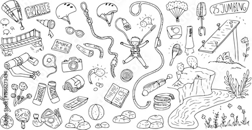 Outdoor Adventure Activities Doodle Set: Bungee Jumping, Hiking, Camping Gear, Rafting, and Nature Elements in Hand-Drawn Sketch Line Art Style.